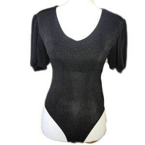 MTS Black Semi Sheer V-neck Puff Sleeve Partially Lined Bodysuit Top, Small
